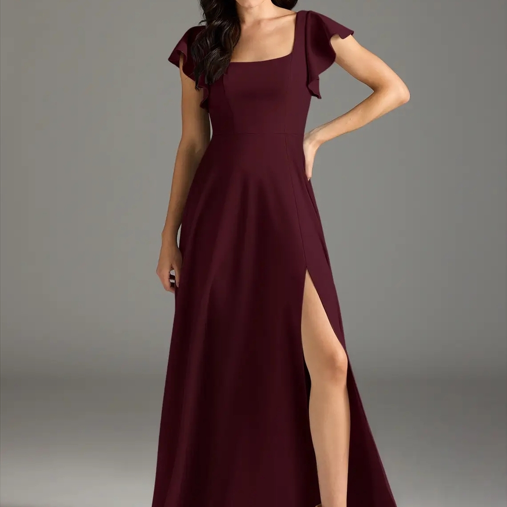 Azazie Burgundy Maxi Dress with Flutter Sleeves Size A12